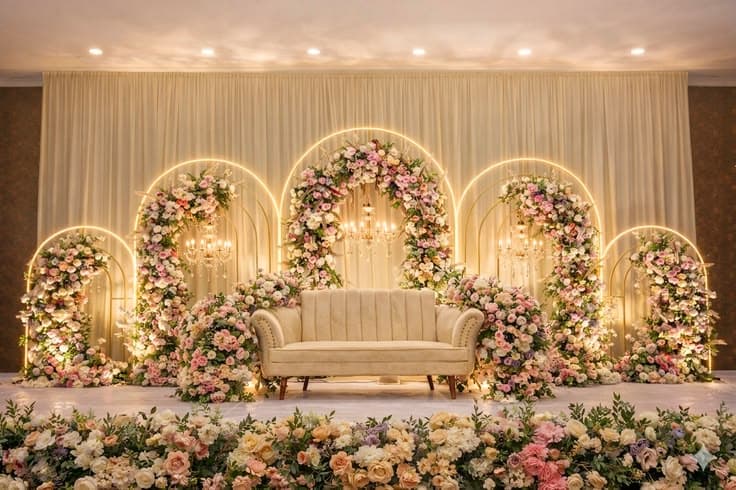 Premium wedding stage decoration with floral arches and crystal chandeliers